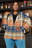 Brown Formal Office Casual Plaid Print Buttons Turn-back Collar Long Sleeve Plus Size Blazer Jackets
