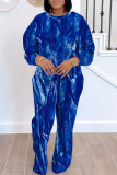 Dark Blue Crewneck Long Sleeve Graphcis Sweatshirt And Wide Leg Pants Sportwear Casual Two Pieces Sweatpant Set