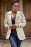 Light Khaki Formal Office Casual Floral Print Buttons Turn-back Collar Long Sleeve Blazer Jackets