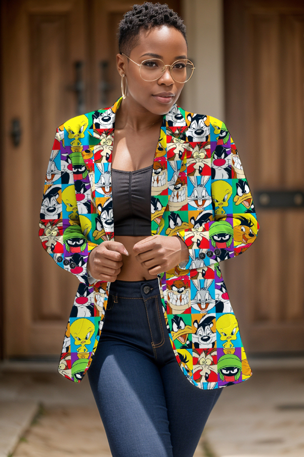 Multicolor Formal Office Casual Cartoon Print Buttons Turn-back Collar Long Sleeve Blazer Jackets