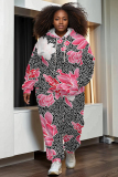 Light Purple Casual Floral Print Zipper Hooded Long Sleeve Jackets And Sweatpants Sportwear Two Pieces Jogger Sets