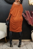 Orange Casual Outing Oblique Collar Loose Long Sleeve T Shirt Midi Dresses