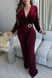 Claret Formal Office Evening Party Prom Hot Drill V Neck Long Sleeve Bodycon Jumpsuits