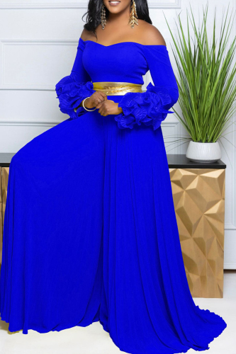Blue Off Shoulder Long Sleeve with Ruffled Layered Cuffs Gold Strap Waist Vacation Garden Party Wide Leg Jumpsuits Blue Off Shoulder Long Sleeve with Ruffled Layered Cuffs Gold Strap Waist Vacation Garden Party Wide Leg Jumpsuits