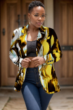 Dark Brown Graphcis Print Turn-back Collar Button-Down Long Sleeve Formal Office Casual Blazer Jackets Plus Size Cardigan Overcoat