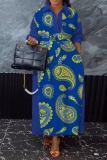 Blue Casual Outing Boho Print Buttons Patchwork Turndown Collar Long Sleeve Long Plus Size Vacation Maxi Dresses