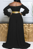 Blue Off Shoulder Long Sleeve with Ruffled Layered Cuffs Gold Strap Waist Vacation Garden Party Wide Leg Jumpsuits