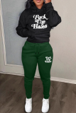 Dark Green Sportwear Casual Letter Print Hooded Long Sleeve Sweatshirt and Pencil Sweatpants Fall Winter Two Pieces Sweatsuits Sets