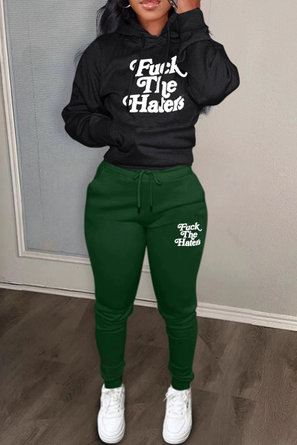 Dark Green Sportwear Casual Letter Print Hooded Long Sleeve Sweatshirt and Pencil Sweatpants Fall Winter Two Pieces Sweatsuits Sets