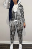 White Black Casual Graphics Print Zipper Hooded Long Sleeve Jackets And Sweatpants Sportwear Two Pieces Jogger Sets