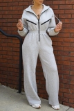 Grey Casual Outing Patchwork Zipper Sportwear Hooded Wide Leg Jumpsuits