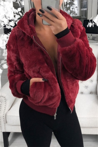 Claret Casual Zipper Long Sleeve Fall Winter Mink Fox Fur Hooded Coat