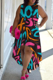 Black Blue Graphic Print Sleeveless O Neck High-Low Hem with Trailing Straight Loose Midi Dress