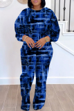 Dark Blue Crewneck Long Sleeve Graphcis Sweatshirt And Wide Leg Pants Sportwear Casual Two Pieces Sweatpant Set