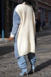Off White with Denim Patchwork Turndown Collar Long Sleeve Front Button-Down Fall Winter Longline Denim Jacket