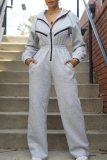 Grey Casual Outing Patchwork Zipper Sportwear Hooded Wide Leg Jumpsuits