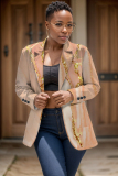 Dark Brown Graphcis Print Turn-back Collar Button-Down Long Sleeve Formal Office Casual Blazer Jackets Plus Size Cardigan Overcoat