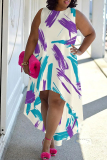 Black Blue Graphic Print Sleeveless O Neck High-Low Hem with Trailing Straight Loose Midi Dress