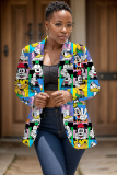 Multicolor Formal Office Casual Cartoon Print Buttons Turn-back Collar Long Sleeve Blazer Jackets
