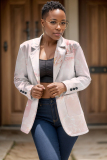 Light Khaki Formal Office Casual Floral Print Buttons Turn-back Collar Long Sleeve Blazer Jackets
