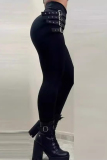 Black Casual Outing High Waist Slim Leggings Trousers With Buckled Belt Skinny Pencil Pants