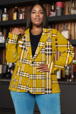 Brown Formal Office Casual Plaid Print Buttons Turn-back Collar Long Sleeve Plus Size Blazer Jackets