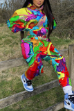Multicolor Casual Graphics Print Zipper Hooded Long Sleeve Jackets And Sweatpants Sportwear Two Pieces Jogger Sets