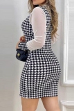 Black Formal Office Casual Houndstooth Print Turndown Collar Mesh Patchwork Long Sleeve Bodycon Mini Dresses