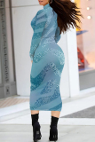 Pink Gradient Print Mock Neck Long Sleeve Casual Outing Party Club Vacation Bodycon Maxi Dresses