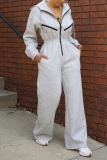 Grey Casual Outing Patchwork Zipper Sportwear Hooded Wide Leg Jumpsuits