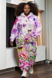 Light Purple Casual Floral Print Zipper Hooded Long Sleeve Jackets And Sweatpants Sportwear Two Pieces Jogger Sets