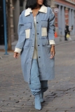 Off White with Denim Patchwork Turndown Collar Long Sleeve Front Button-Down Fall Winter Longline Denim Jacket