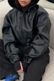 Black Casual Zipper Long Sleeve PU Leather Hooded Crop Jackets