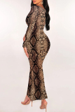 Green Snakeskin Print U Neck Long Sleeve Casual Outing Vacation Bodycon Maxi Dresses