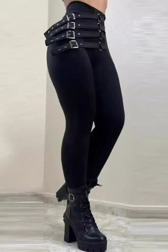 Black Casual Outing High Waist Slim Leggings Trousers With Buckled Belt Skinny Pencil Pants