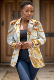 Dark Brown Graphcis Print Turn-back Collar Button-Down Long Sleeve Formal Office Casual Blazer Jackets Plus Size Cardigan Overcoat