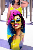 Yellow African Girl Print Sleeveless Backless Spaghetti Strap Floor Length Vacation Baggy Sundress Slip Maxi Dress