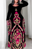 Black White Casual Boho Floral Print Crewneck Long Sleeve Floor Length Vacation Baggy Maxi Dress