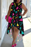 Black Blue Graphic Print Sleeveless O Neck High-Low Hem with Trailing Straight Loose Midi Dress