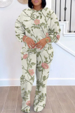 Sky Blue Crewneck Long Sleeve Floral Sweatshirt And Wide Leg Pants Sportwear Casual Two Pieces Sweatpant Set