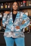 Blue Gray Formal Office Casual Graphics Print Buttons Turn-back Collar Long Sleeve Plus Size Blazer Jackets