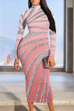 Pink Gradient Print Mock Neck Long Sleeve Casual Outing Party Club Vacation Bodycon Maxi Dresses
