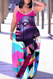 Red Black African Girl Print Sleeveless Backless Spaghetti Strap Floor Length Vacation Baggy Sundress Slip Maxi Dress