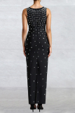 Black Formal Evening Party Prom Hot Drill Zipper Sleeveless U Neck Long Bodycon Maxi Dresses