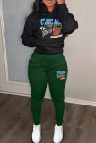 Khaki Sportwear Casual Graphics Print Hooded Long Sleeve Sweatshirt and Pencil Sweatpants Fall Winter Two Pieces Sweatsuits Sets
