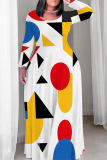 Multicolor Geometry Graffiti Print O Neck Long Sleeve Floor Length Casual Outing Vacation Baggy Maxi Dress
