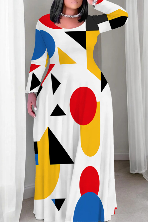 Multicolor Geometry Graffiti Print O Neck Long Sleeve Floor Length Casual Outing Vacation Baggy Maxi Dress