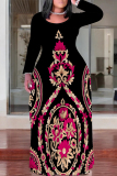 Black White Casual Boho Floral Print Crewneck Long Sleeve Floor Length Vacation Baggy Maxi Dress