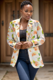 Light Khaki Formal Office Casual Floral Print Buttons Turn-back Collar Long Sleeve Blazer Jackets