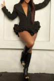 White Formal Evening Party Prom Buttons Turndown Collar Long Sleeve Ruffle Trim Bodycon Blazer Romper